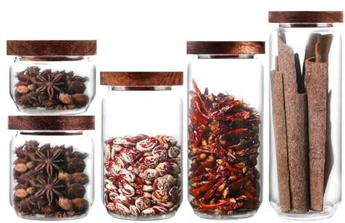 LDXDRU Lot de 5 bocaux de conservation en verre avec couvercle en bois, 250 ml/350 ml/650 ml/950 ml/1250 ml, avec couvercle en bois, empilables et hermétiques pour épices et aliments