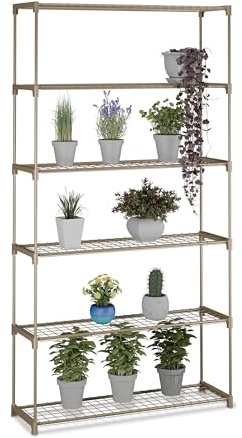 Relaxdays Blomhylla, H x B x D: 174 x 91 x 28 cm, 6 hyllor, plugin-system, metall och plast, växthushylla, brun