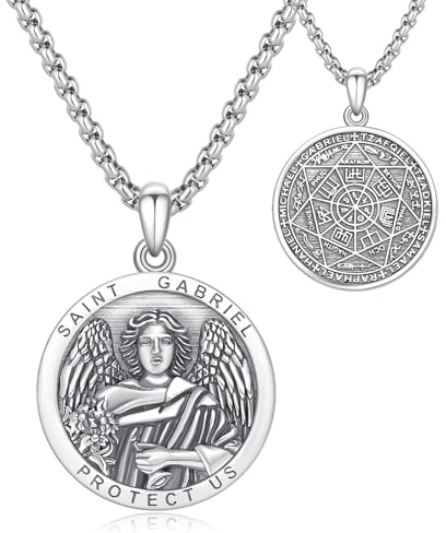 XIXLES Der Heilige Engel Gabriel Medaille Halskette 925 Sterling Silber – Heiliger Gabriel Medaillon Anhänger Halskette Siegel Amulett Religiöses Katholisches Schutz Schmuck für Damen Herren