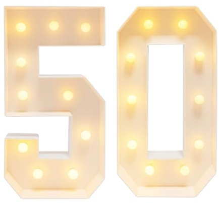 Número de lámpara LED blanca con números iluminados para 50 fiestas de cumpleaños, aniversario, placa luminosa alimentada por pilas, decoración LED para decoración de fiestas, incluye 20 LED y cinta