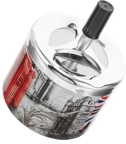 Healvian Automatic Extinguishing Metal Ashtray Rotating Lid, Decorative Cigarette Ashtray Souvenir from UK London, Tabletop Stainless Steel Smoke Extinguisher for Home and Office