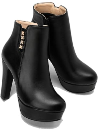 KUHAOFEU Ronda Dedo del Pie Plataforma Tacones Altos PU Cuero Cremallera Botines Vestido De Fiesta De Moda Botines Cortos De Las Mujeres,Negro,39 EU