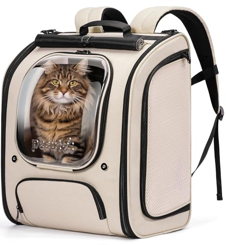Pecute Katzenrucksack,Rucksäcke für Hunde,Ergonomie,XXL,Khaki | Sonnenschutz,Sichtfenster,Sicherheitsleine,Robust,Große Netzflächen Für Luftzirkulation,Geeignet Für Outdoor,Tierarzt