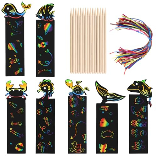 70 Stück Kratzbilder Lesezeichen Basteln, Scratch Paper Bunt mit Werkzeug | Perfekt für alle Bastelfreunde, DIY Kunstprojekte