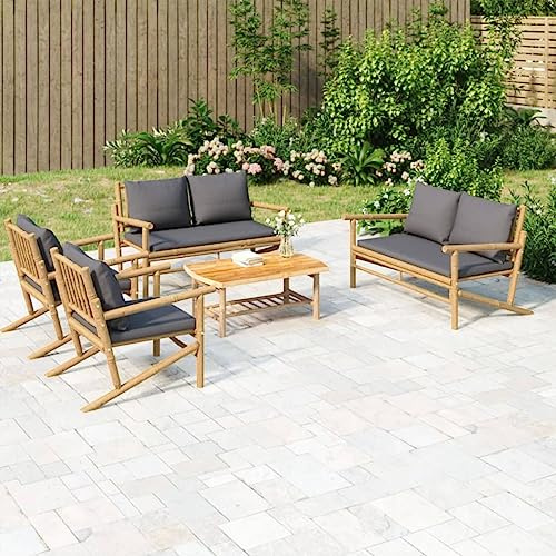 Mokuyary 5-TLG. Garten-Lounge-Set mit Dunkelgrauen Kissen Bambus Gartenlounge Outdoor Loungemöbel Wetterfestes für Balkon und Terrasse Kissenfarbe Dunkelgrau 2X Stuhl + 2X Bank + Tisch