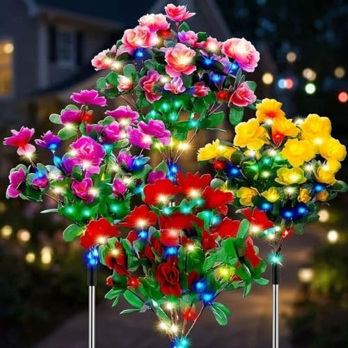 Paquete de 4 luces solares de jardín, flores de azalea solares realistas mejoradas, IP65 impermeables, luces de camino de flores para patio, valla, patio, césped, pasarela, decoración del día de la