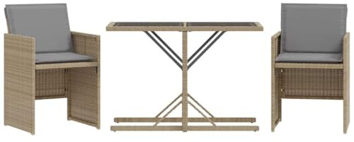 Qnhdfrt 3-TLG. Bistro-Set, Gartenmöbel aus Poly Rattan, Balkonmöbel Set inklusive Gartentisch mit Glasplatte & 2 Stühlen, Klappbare Rückenlehne, Sitzkissen, Beigemischung