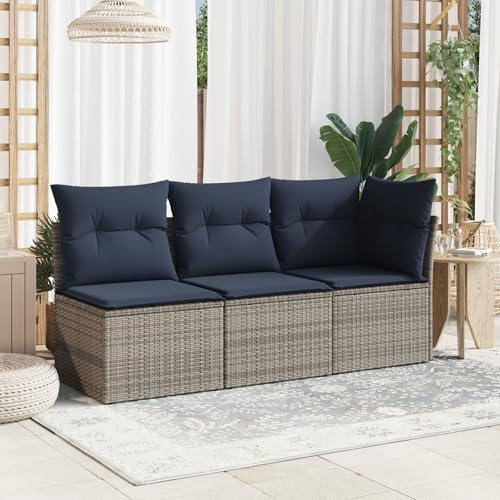 GeenYuu Gartensofa 3-Sitzer Grau aus Poly Rattan mit Kissen, wetterfestes Lounge Sofa für Balkon Terrasse, modulare Rattan Sitzgruppe mit Stauraum und abnehmbaren Polstern zum Entspannen draußen