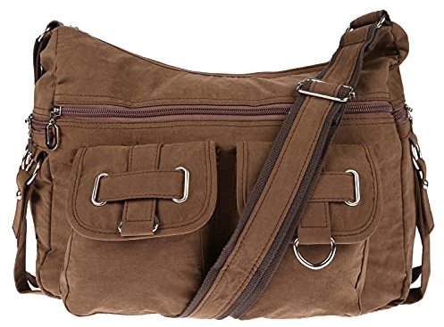 Christian Wippermann Große Canvas Umhängetasche Damen - Stofftasche mit Reißverschluss - 32x26x13 cm - Verstellbarer Trageriemen bis 135 cm - Mehrere Fächer, Braun - Luxuriöse Schultertasche