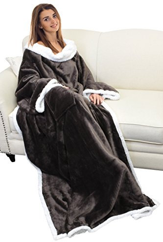 Catalonia Classy Decke mit Ärmeln als Geschenk für Frauen Herren, Flauschig Sherpa Kuscheldecke mit Ärmel, Cozy Ärmeldecke Warm Decke zum Anziehen Erwachsene, 185 x 140 cm Braun