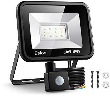 Eslas LED Floodlight Security Light with Motion Sensor,Outdoor Spotlight 10W 1000 LM PIR Light,IP65 Waterproof for Garage,Garden,Car Park, Construction Site, 6500K Cold White