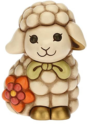THUN Pasqua 2023, Addobbo Pasquale Agnellino con Fiore in Ceramica Decorata a Mano, Versione Medio, Linea Pasqua Favolosa, 9.9x8.7x12 cm h