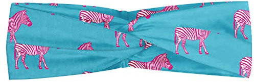 ABAKUHAUS rose Zebra Bandeau, Zèbres Savannah mode grunge Illustration des terres exotiques, Serre-tête Féminin Élastique et Doux pour Sport et pour Usage Quotidien, Bleu Rose et Blanc