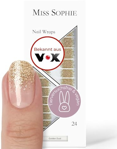 Original Miss Sophie Nagelfolien I 24 ultra-dünne Nagellack-Streifen mit Glitzer Muster in Gold I Für Finger- & Fußnägel I Hält auf Natur- sowie lackierten, Acryl-, Gel- & Shellac-Nägeln