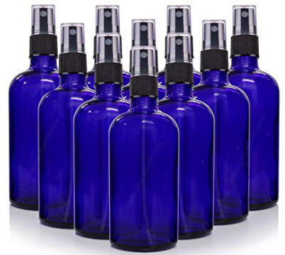 Blaue Glasflaschen mit schwarzem Zerstäuber, 10 Stück, 100 ml, Kobaltblaue Sprühflaschen für Flüssigkeiten/Kosmetik/ätherisches Öl/Aromatherapie etc.