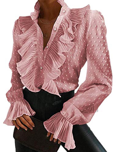Onsoyours Chemise Femmes Chic Col en V Blouse Élégant Volants Chemises Automne Vintage Polka Dot Print Sexy Tops Bureau Dame Casual Mode Blusa T Shirt D Rose M