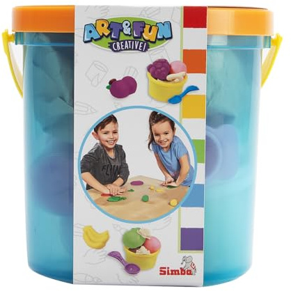 Simba Art und Fun Knetset Fruchteimer / 5x50g Knete / 5 Fruchtformen / 4 Ausstechformen / 16 Teile / 2 Becher / Für Kinder ab 3 Jahren
