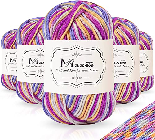 Maxee Handstrickgarn, 5x50 g Häkelgarn, Bunt Farbverlauf Acrylgarn zum Stricken, Weicher Wolle zum Häkeln, Mehrfarbiges Garn zum Stricken Häkeln und Basteln