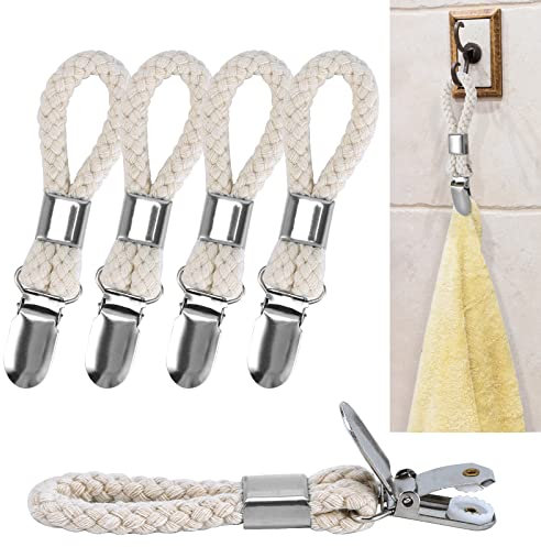 Wooledy 5 Pack Hanging Tea Towels Clip,Metal Kitchen Towels Clips with Hanging Loop Cloth Hook Clip Hangers for Home Kitchen Bathroom Cupboards Cloth Hanger Holder Brackets-Braided Cotton Loop