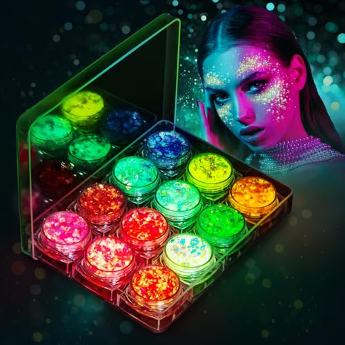 12 Couleurs Lumineuse Paillettes Gel, Maquillage Carnaval Eleanore's Diary Colle à Paillettes Festival, Fluorescent Paillette Visage Chunky Glitter Gel Corps Cheveux