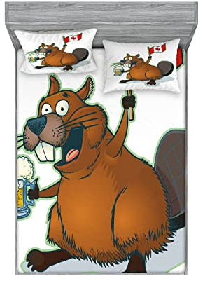 Ambesonne Canada 2 Pack Fitted Sheet & Pillow Sham Set, Beaver Holding a Beer Mug, 4 Pcs Bedding Decor, Package Contains 2 Calking Size Fitted Sheets & 4 Pillow Covers, Ginger Multicolor