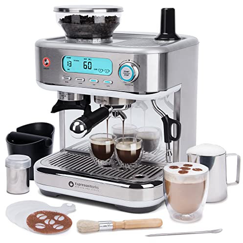 EspressoWorks Barista Pro Series Espressomaschine mit Mahlwerk, LCD-Anzeige und Dampf, 60 Sekunden einsatzbereit, 15 bar mit Milch und Cappuccino, 30 Stück, Kaffeegeschenk
