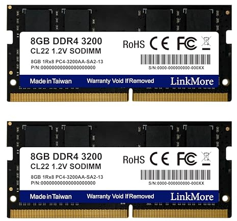 LinkMore Lot de 2 Barrettes de mémoire DDR4 3200MHz SODIMM PC4-25600 CL22 1,2 V pour Ordinateur Portable 16 Go (2 x 8 Go)