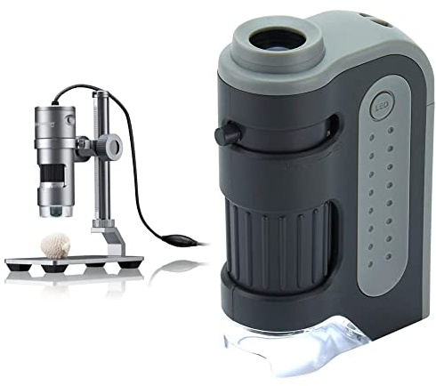 Bresser Digitales Mikroskop mit LED Ringlicht, Auflichtmikroskop DST-1028 mit USB Anschluss für PCS, 5,1MP & Carson MicroBrite Plus 60x-120x LED Taschenmikroskop mit asphärischem Linsensystem (MM-300)