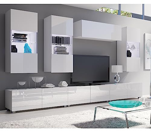 Lomadox Wohnwand Anbauwand weiß Hochglanz 6-teilig Modern, mit 2 TV-Lowboards, 3 Hängevitrinen, 1 Stauraumschrank