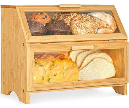 Golden Nature Double Layer Bamboo Bread Box for Kitchen Countertop - Large Wooden Storage Box w/Clear Display Windows - Food Keeper for Muffins, Bagels & Cookies