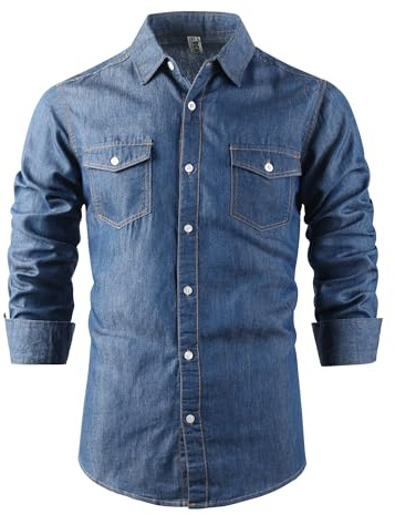 Tianerhay Homme Manches Longues Chemise en Jean pour Boutonné à Western Décontracté Flip Pocket Top 1 BlueL