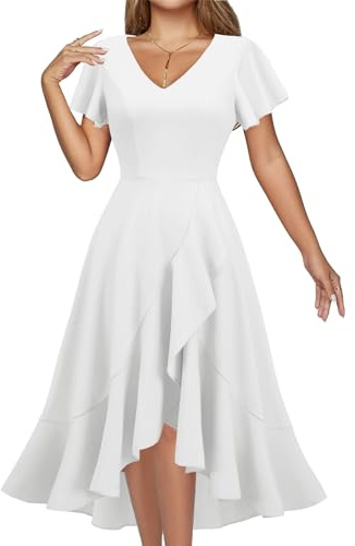 DRESSTELLS Cocktail Dresses for Women, Wedding Guest Graduation Evening Party Fit Flare High Low Ruffle Mother Bride Prom Church Prom Summer Dress White XL