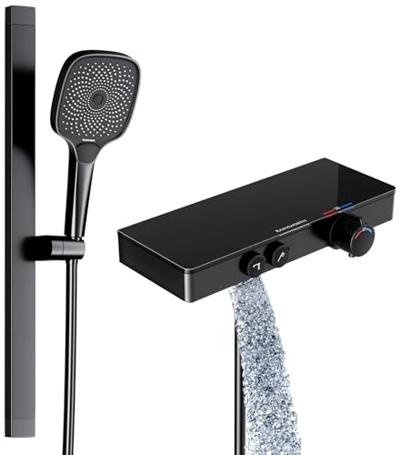 Rainsworth Duscharmatur mit Thermostat Set Schwarz,3 Strahlarten Handbrause | Duscharmatur Komplettset mit Glasablage, Unterem Auslauf und 60cm Aluminium Duschstange, Duschset Duscharmatur Set