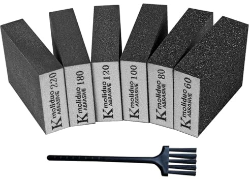MUNSKT 6PCS Sanding Sponges with Brush, 60/80/100/120/180/220 Grits Coarse/Medium/Fine/Superfine Wet and Dry Dual-use Abrasive Pads, Washable Reusable Sandpaper Blocks for Wood Metal Wall Polishing