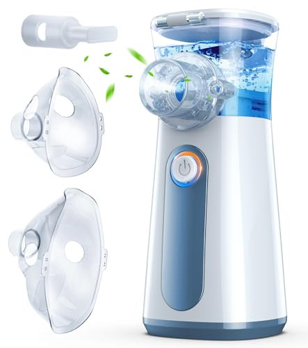 Inhalationsgerät, Tragbarer Inhaliergeräte für Erwachsene und Kinder, Leise Einstellbarer Inhalator Set mit Mundstück und 2 Maske, 3 Geschwindigkeiten, USB-C Inhaliergerät mit Akku -Grau