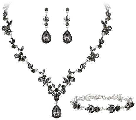 Clearine Hochzeit Schmuckset für Damen Braut Y Halskette Tennis Armband und Ohrringe baumeln Set Kristall Teardrop Marquise Cluster Schmuck für Brautjungfer Grau Silber Ton