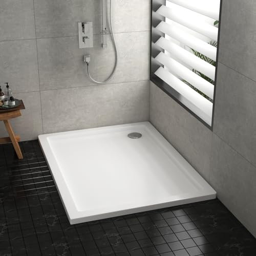 Shower Tray Rectangular Pearlstone 1200 x 800mm Gloss White Slimline 40mm Stone Resin Base + 90mm Free Waste