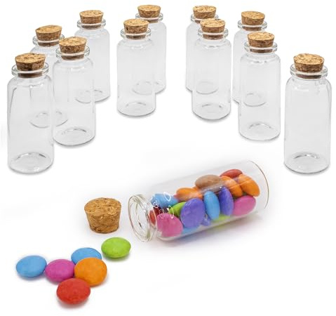 Decoraparty Lot de 12 bouteilles en verre avec bouchon de liège, mini ampoules transparentes pour bonbonnières et petites dragées, épices, herbes, flacons de décoration - 7,5 x 3 cm