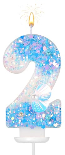 Geburtstag Zahlen Kerzen, 7,5cm Strand-Themen Zahlen Kerzen Glitzer Zahlenkerze Muschel Pailletten 3D Geburtstagskerzen für Torte Nummer Kuchendekoration für Hochzeit Babyparty Party (2)