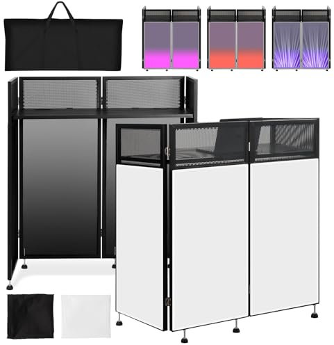 Kokorona Portable DJ Booth 108 x 51 x 115 cm, DJ Facade Booth with Black & White Scrims, Adjustable Folding DJ Booth for Party, DJ Facade Table Station with Cable Hole, Black Metal Frame + Carry Bag