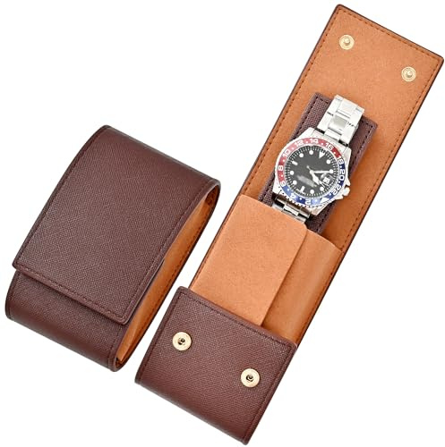 MGZKV Travel Leather Watch Pouch/Watch Travel Case with Suede Lining/Luxury Leather Travel Watch Case Single Watch Pouch for Men and Women (Brown)