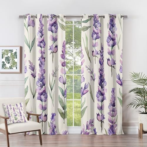 Lavender Curtains for Bedroom - Purple Floral Botanical Blackout Curtains, 46 x 54 Inch (Width x Drop), 2 Panels, Watercolor Flower Eyelet Drapes
