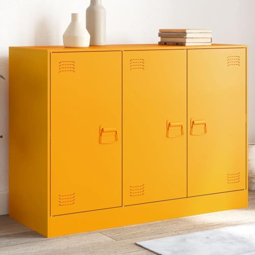 IKAYAA Metallschrank Senfgelb Wohnzimmerschrank 99 x 39 x 73 cm Sideboard aus Metall Beistellschrank Aktenschrank Werkstattschrank Metall Kommode für Wohnzimmer