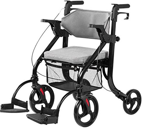 Rollator Rollator Klappbar für Senioren mit weicher Rückenlehne - 2 in 1 Transportrollstuhl Rollator mit abnehmbaren Fußstützen - 4 Rad Lauflernhilfe