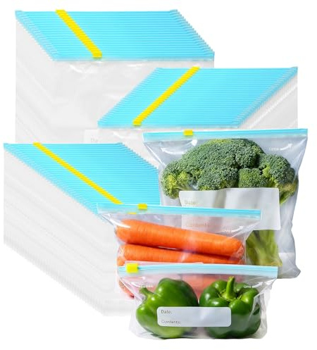 ZEONHEI Lot de 90 Pièces Sacs Congelation Reutilisable à Zip, Sacs de Rangement en plastique, pour Conservation Légumes Fruits Viande Poissons et Pain