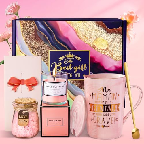 Cadeau Anniversaire Maman, Coffret Spa avec Tasse en Céramique Marbrée 14oz | Mug avec Texte Doré, Carte de Vœux et Accessoires Bien-être. Idéal pour la Fête des Mères, Anniversaire et Moments de Détente