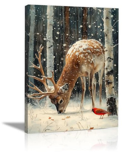 WQBQKKX Grau, weiß Weihnachten Leinwandbilder Kunstdruck Bilder, Winter Schnee Hirsch Poster Winter GemäLde Bild Wohnzimmer Wandbilder Kunstdrucke Wanddeko-30x45cm Gerahmt