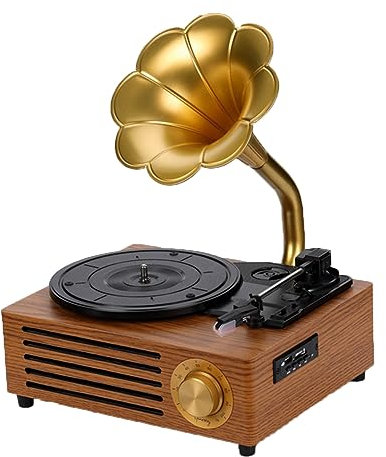 Gramophone rétro, Platine Vinyle rétro sur Pied, Lecteur de Disque Vinyle Old School, Gramophone Classique, Bras de Lecture à Turbine, Disque CD/U/Connexion sans Fil/Radio, décor Vintage, Gris a