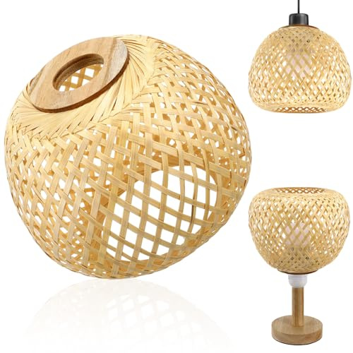 HOMOCONO Geflochtener Bambus Lampenschirm für Hängelampe Rustikaler Lampenschirm Hängelampe Rattan Beige Leicht für Pendelleuchte Weich