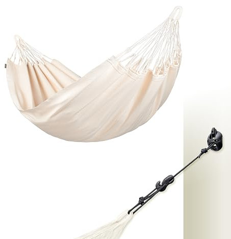 LA SIESTA® Modesta Hamac Simple en Coton Bio & Support en Acier - Hamac sur Pied, Support Hamac Exterieur Interieur - Hamac Portable avec Support, Toile de Hamac 2 Places pour Jardin Balcon - Latte